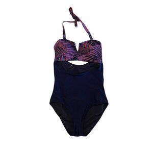 NWOT BODYFLIRT Women Size 8 Navy Tropical Print Cut Out One Piece Swimsuit